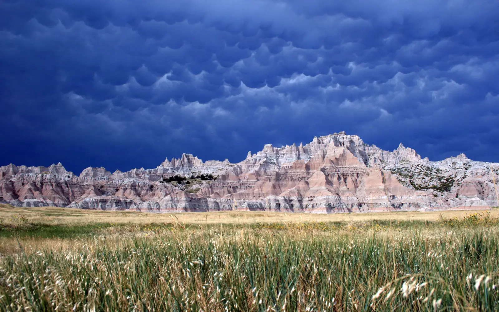 Layered badlands formations behind fields of green grass under cloudy and billowing clouds.