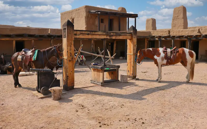 Two animals are tied to a wooden frame in the interior of a large adobe structure.