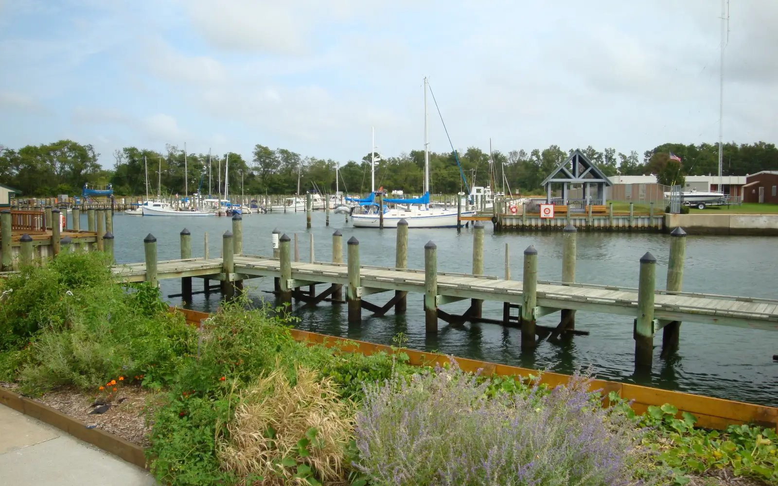 A view of docks and boats in the waterside town of Cape Charles VA