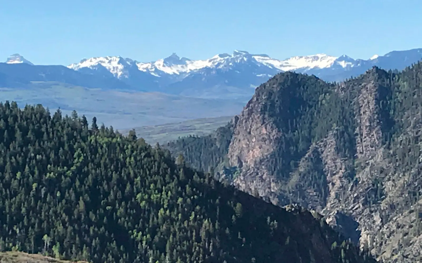 The snow-capped San Juan Mountain Range looms in the distance as viewed from the Crystal Trail