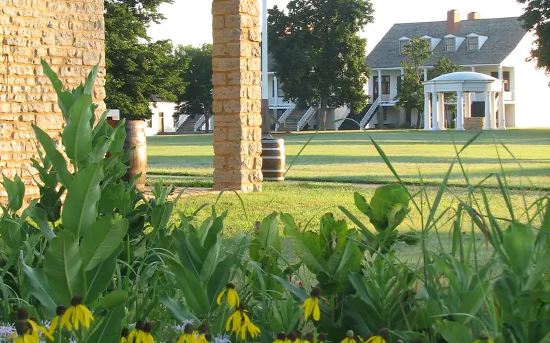 A field of sunflowers next to a stone building. Wood frame structures in background.