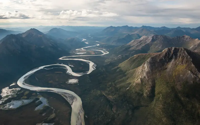 Aerial view of the Alatna River as it winds through a valley