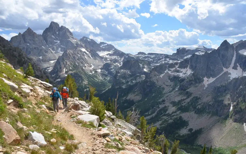 Backpackers in North Fork Cascade Canyon, Grand Teton behind