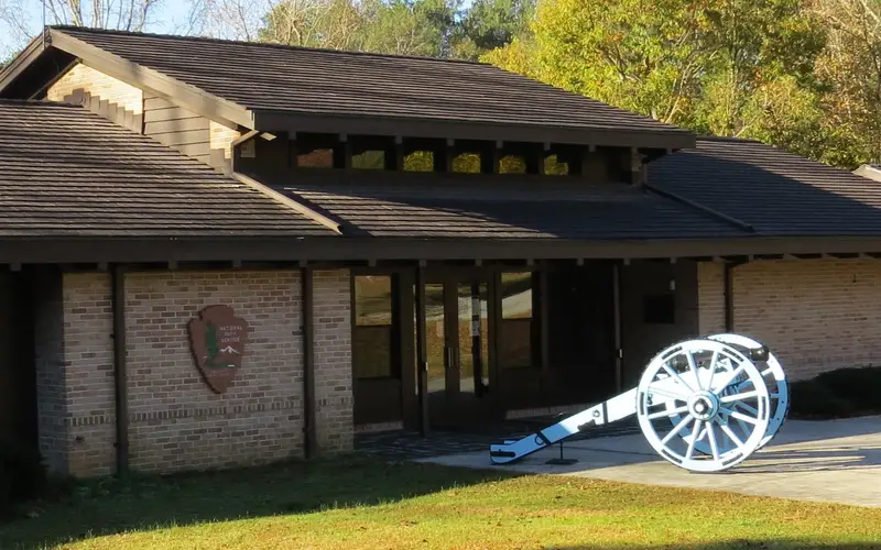 blue cannon sits in front of park's visitor center