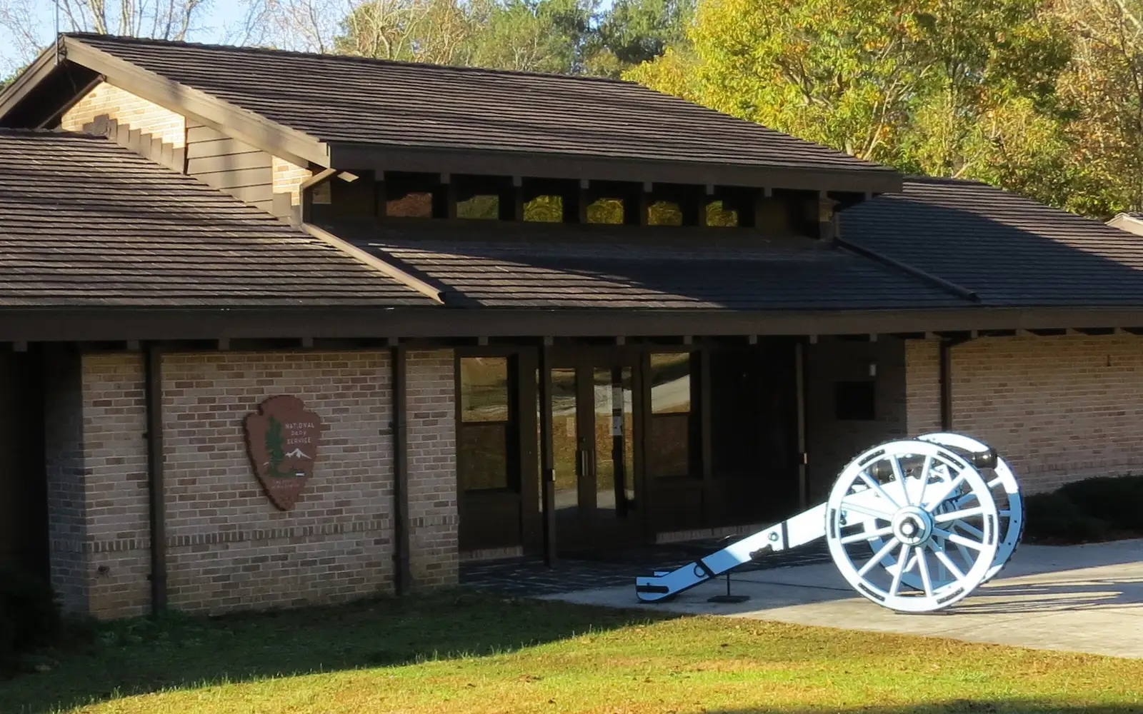 blue cannon sits in front of park's visitor center