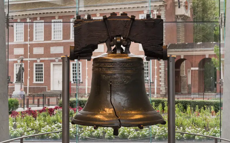 Color photo of the Liberty Bell with Independence Hall in the background.