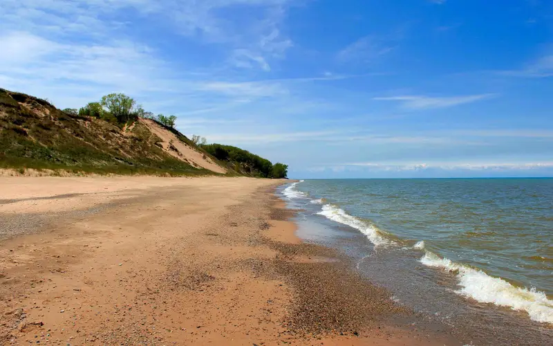 Michigan Lake beach with green grassy dunes in the background, under a blue sky.