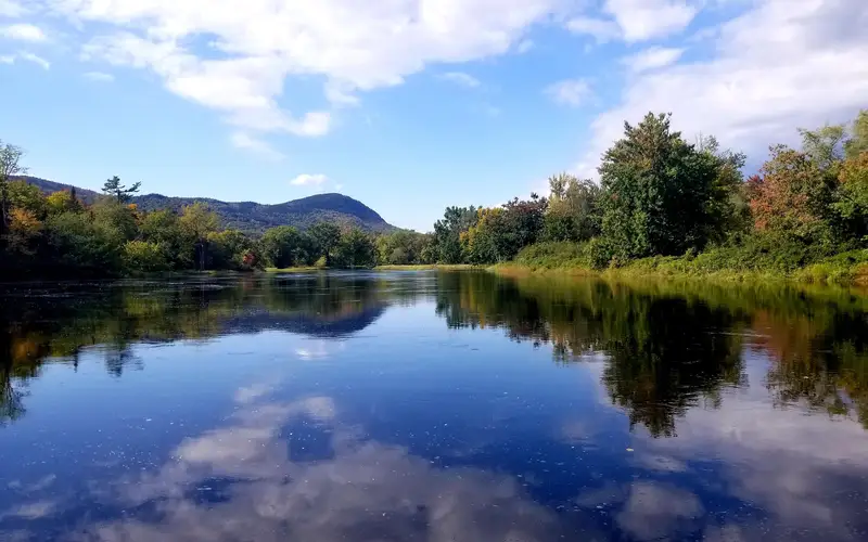 Mirror reflection of Lunksoos Mountain and trees within the water of the river.