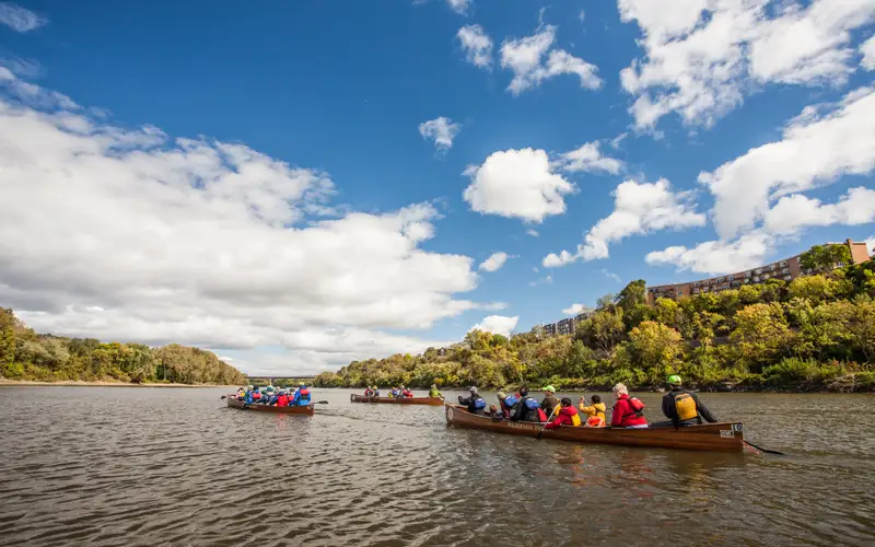 Large canoes and crews paddle down the river amidst autumnal color.