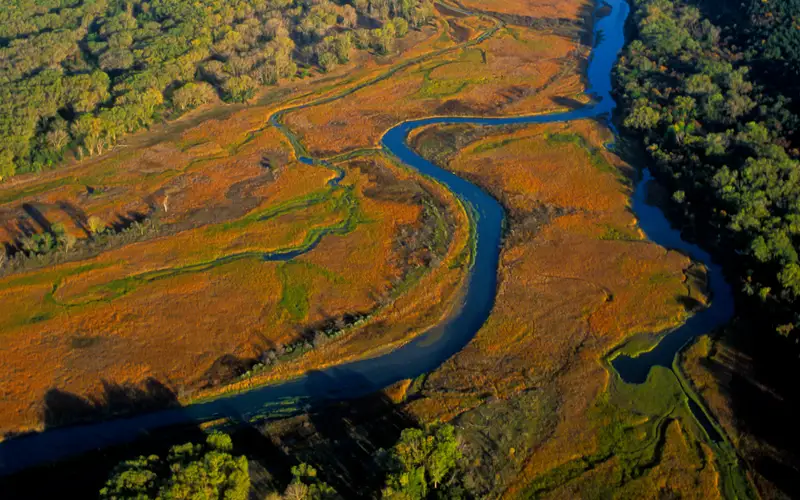Aerial view of the Missouri River and surrounding landscape.