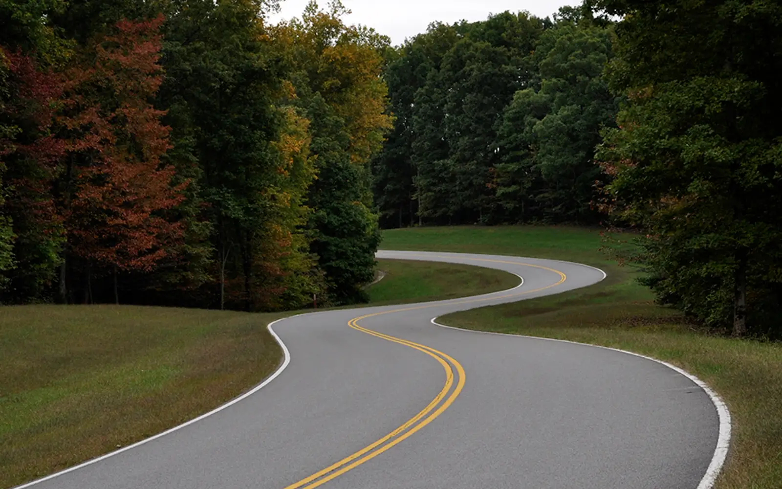 A slightly curvy section of the Natchez Trace Parkway in Early Fall