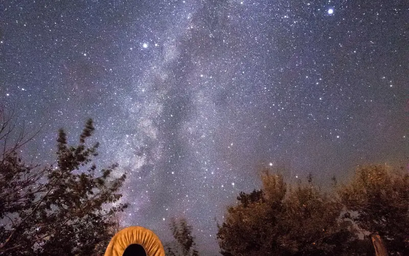 A glittering sky of stars glows above a historic covered wagon.