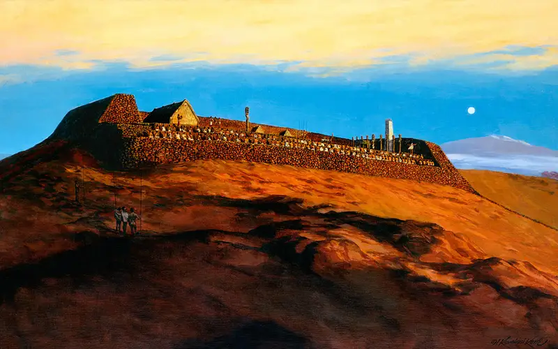Painting of historic ceremony at Puʻukoholā Heiau