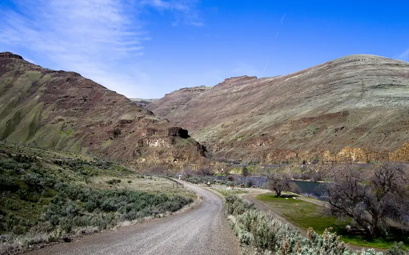 The northern terminus of the Lower Deschutes Back Country Byway at Macks Canyon campground.