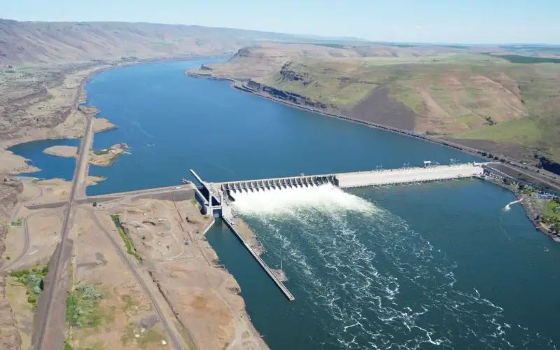 Aerial View of John Day Dam on the Columbia River
