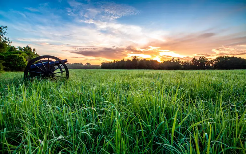 The sun rises behind a green field with a cannon in the foreground.
