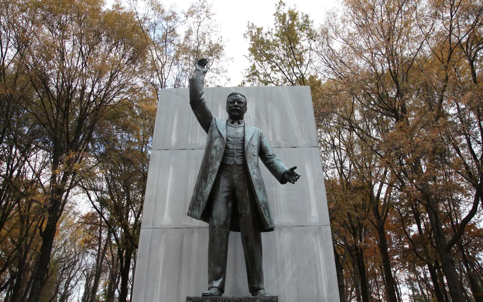 A bronze statue of Theodore Roosevelt standing and pointing.