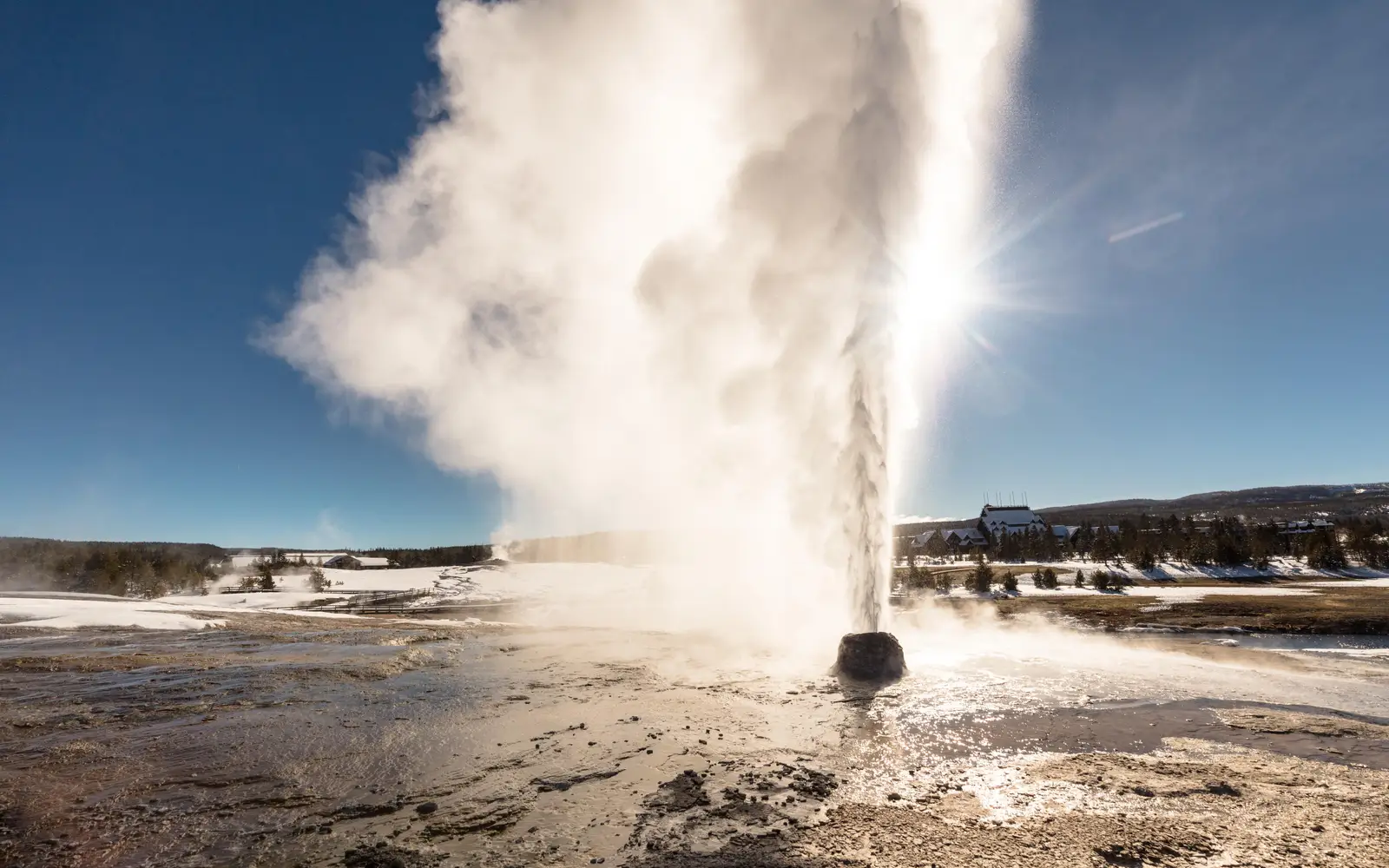 A geyser erupts steam in front of the bright sun.